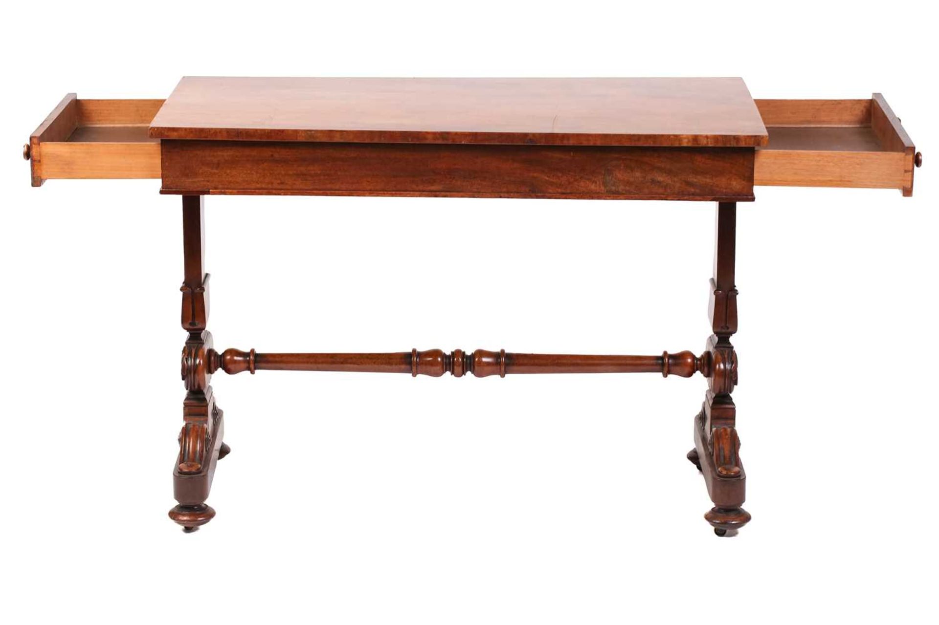 An early Victorian mahogany rectangular side table with unusually configured end frieze drawers on - Image 3 of 8