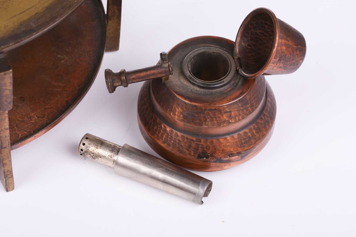 An early 20th century Arts & Crafts style WMF planished copper and brass spirit kettle, burner and - Image 4 of 12