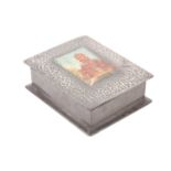 A Liberty & Co (?) model 083 hammered pewter and hard enamel table box, the hinged cover set with