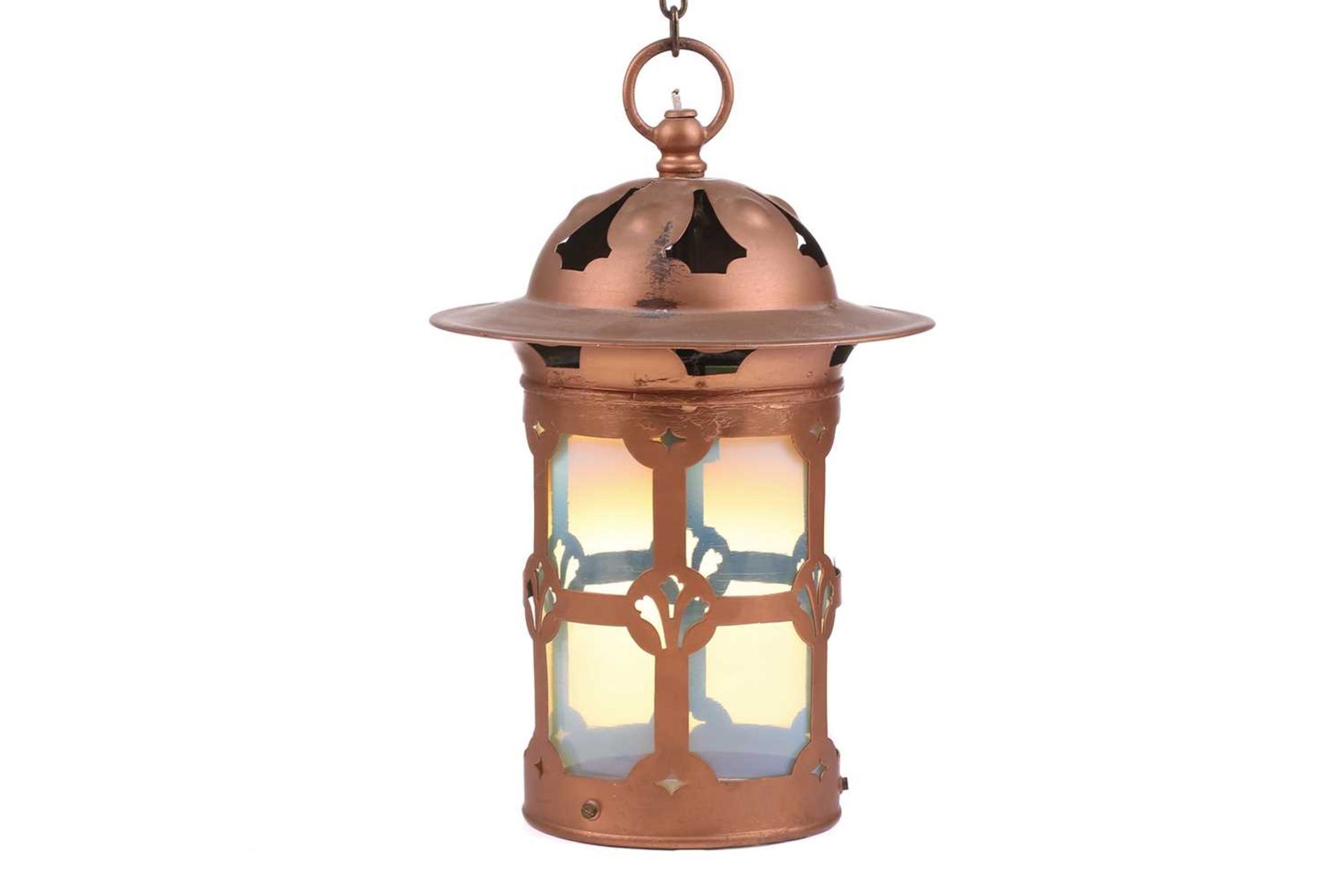 An Arts & Crafts painted copper(?) hanging lantern with pierced decoration and overhanging rim, - Bild 7 aus 8