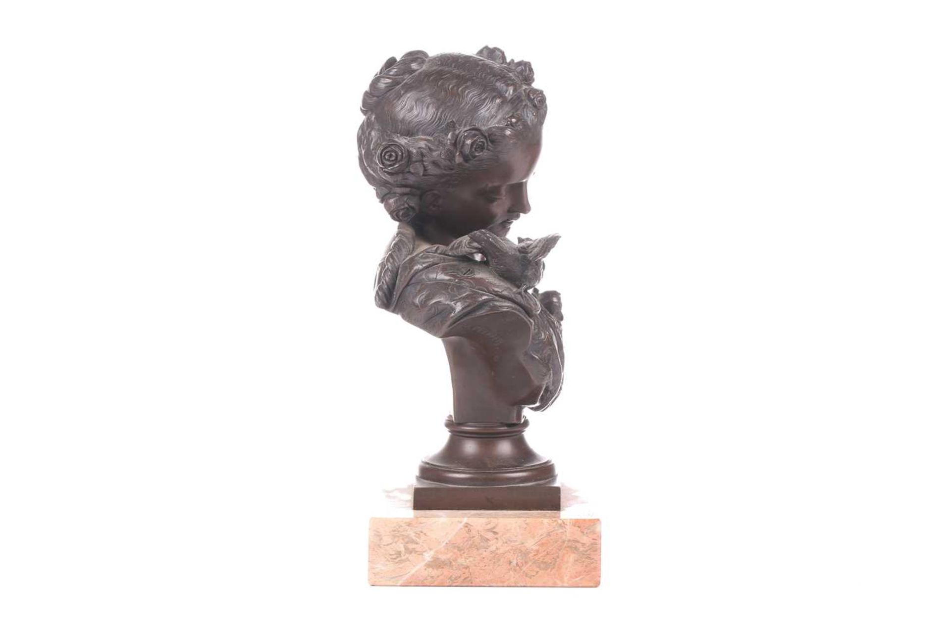 Auguste Joseph Peiffer (1832 - 1886), a bronze bust of a young female gazing at a bird alighted upon - Image 2 of 9