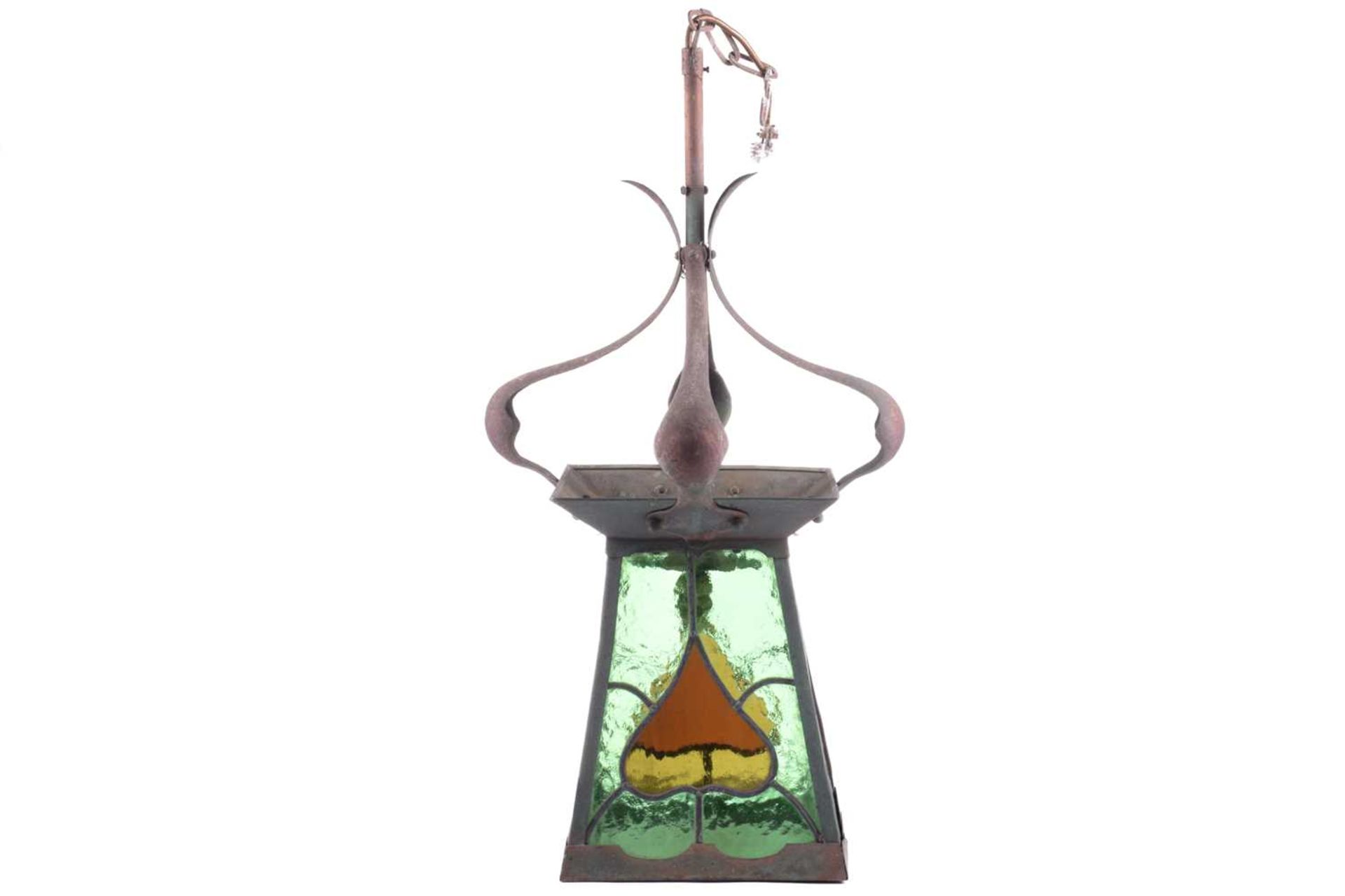 An Arts and Crafts brass and leaded glass ceiling lantern, with four shaped and studded upper - Image 2 of 8