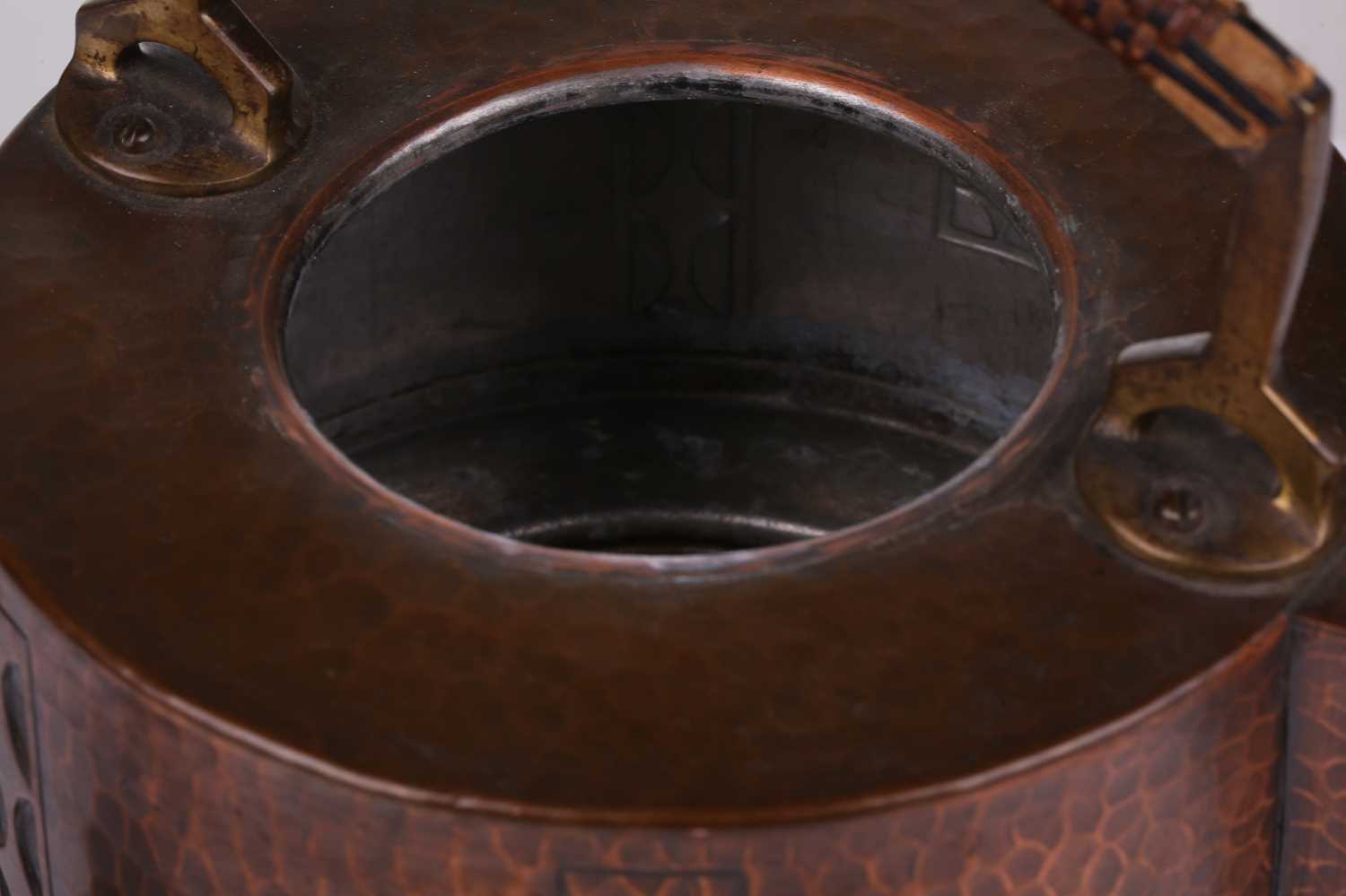An early 20th century Arts & Crafts style WMF planished copper and brass spirit kettle, burner and - Image 5 of 12