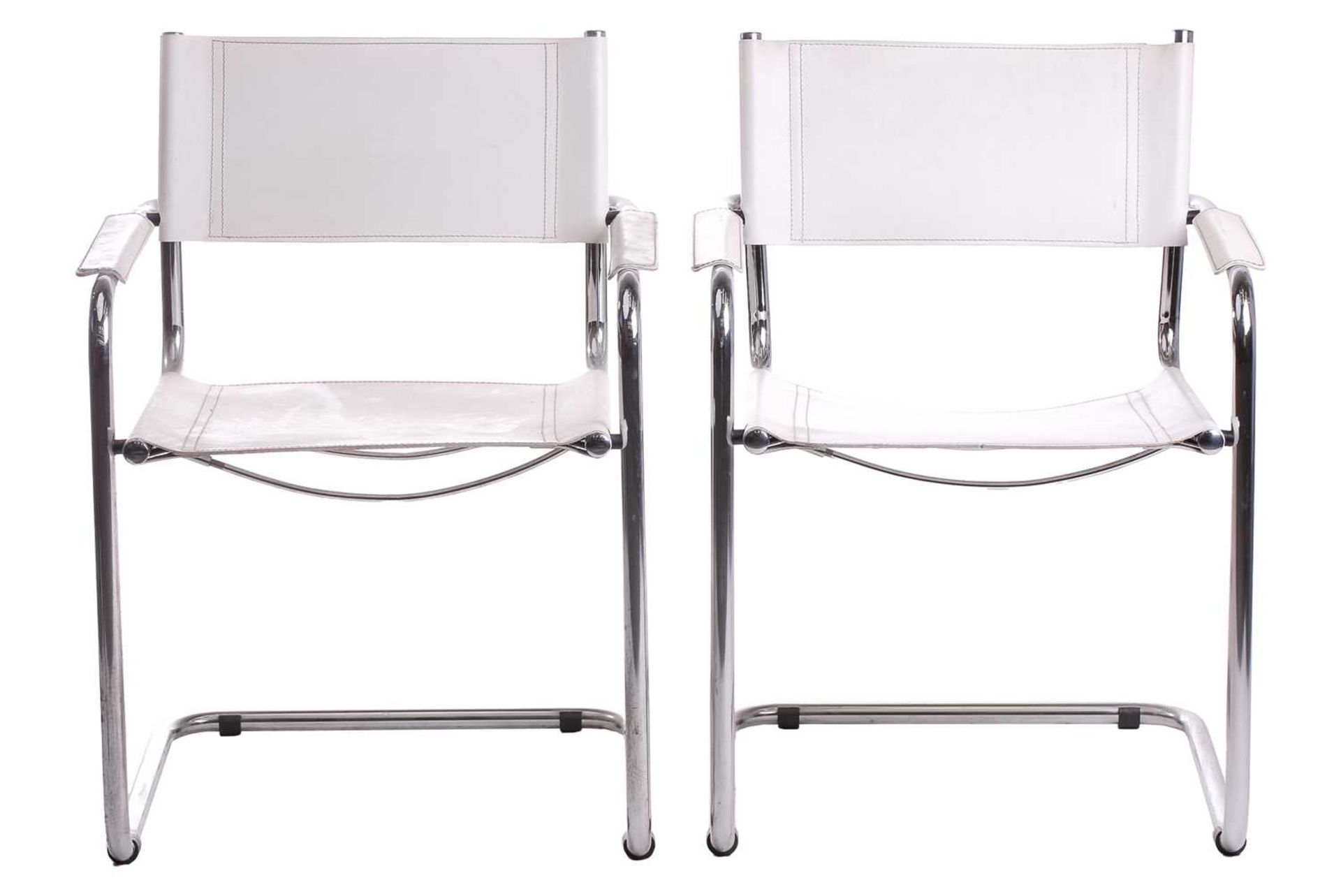 A pair of mid-20th century chrome and white leather cantilever armchair after a design by Marcel - Image 3 of 11