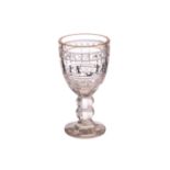 Attributed to Adolf Beckert for Steinschonae, a large schwarzlotmalerei glass goblet, painted with