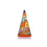 A 1930s Clarice Cliff conical sugar sifter, in the Orange Roof Cottage pattern, handpainted with a