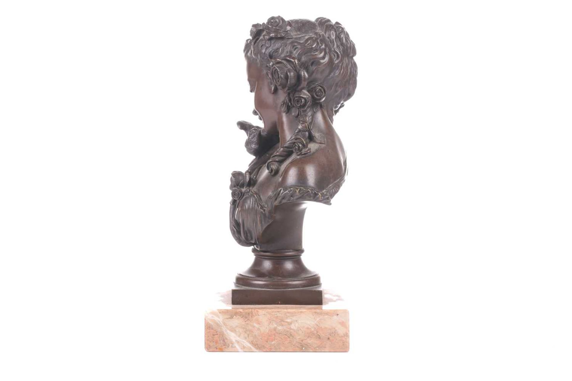 Auguste Joseph Peiffer (1832 - 1886), a bronze bust of a young female gazing at a bird alighted upon - Image 8 of 9