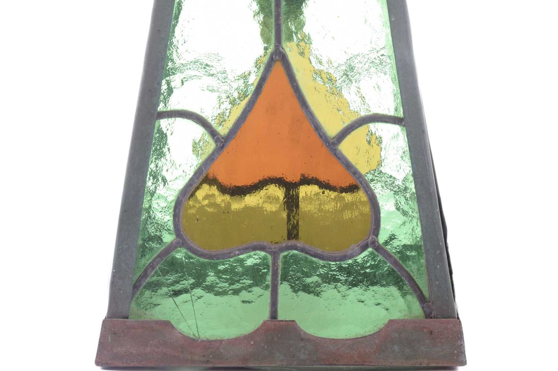 An Arts and Crafts brass and leaded glass ceiling lantern, with four shaped and studded upper - Image 4 of 8