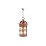 An Arts & Crafts painted copper(?) hanging lantern with pierced decoration and overhanging rim,