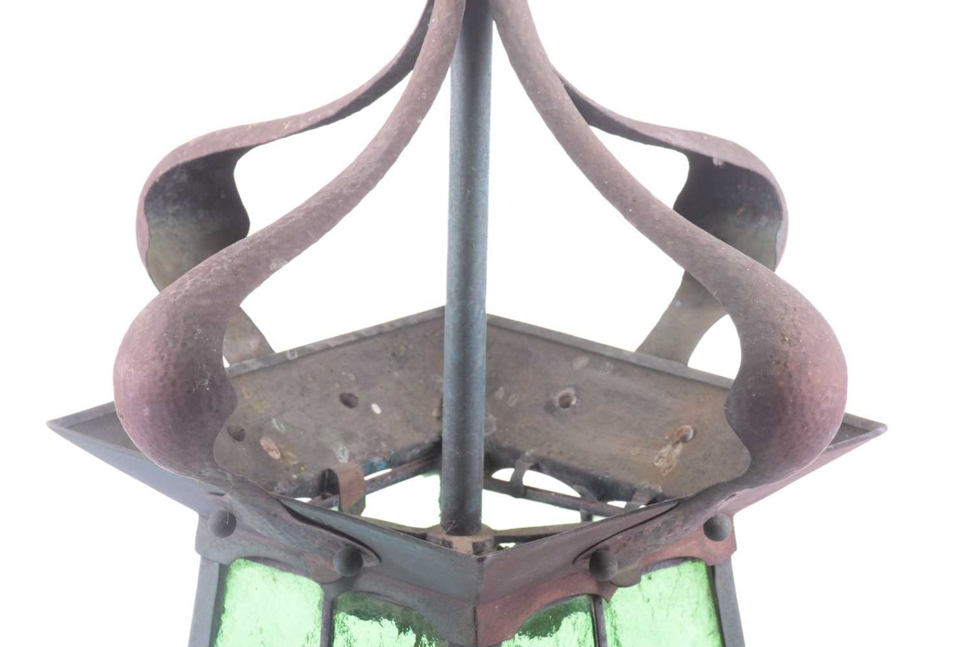 An Arts and Crafts brass and leaded glass ceiling lantern, with four shaped and studded upper - Image 6 of 8