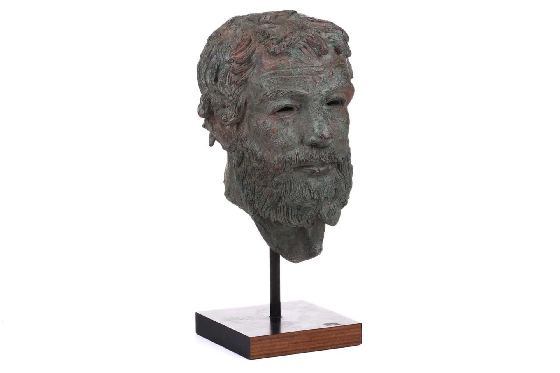 20th century school, a patinated bronze head of a philosopher, unsigned, raised on an ebonised base,