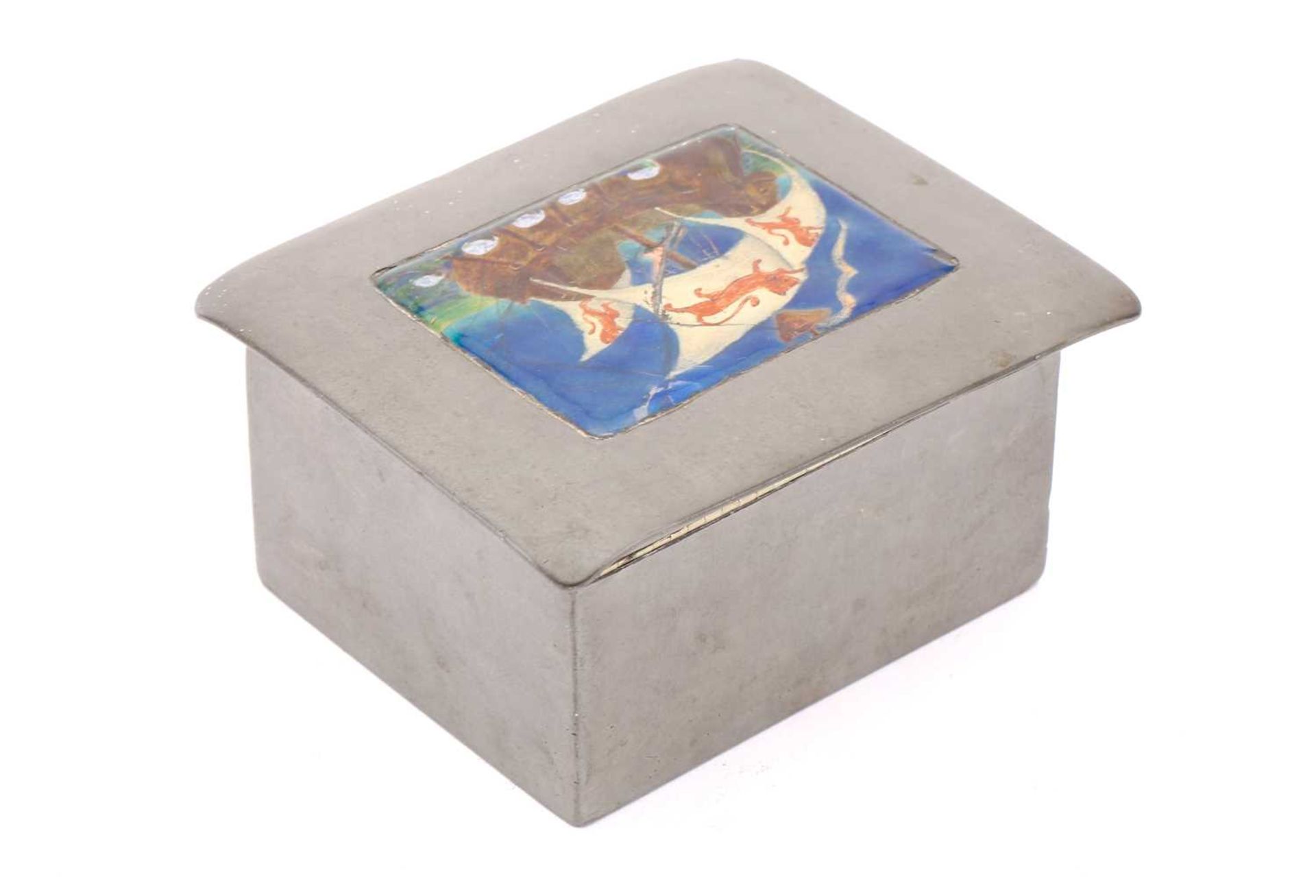 A Liberty & Co of London Tudric 0544 rectangular hammered pewter and hard enamelled cigarette box, - Image 3 of 10