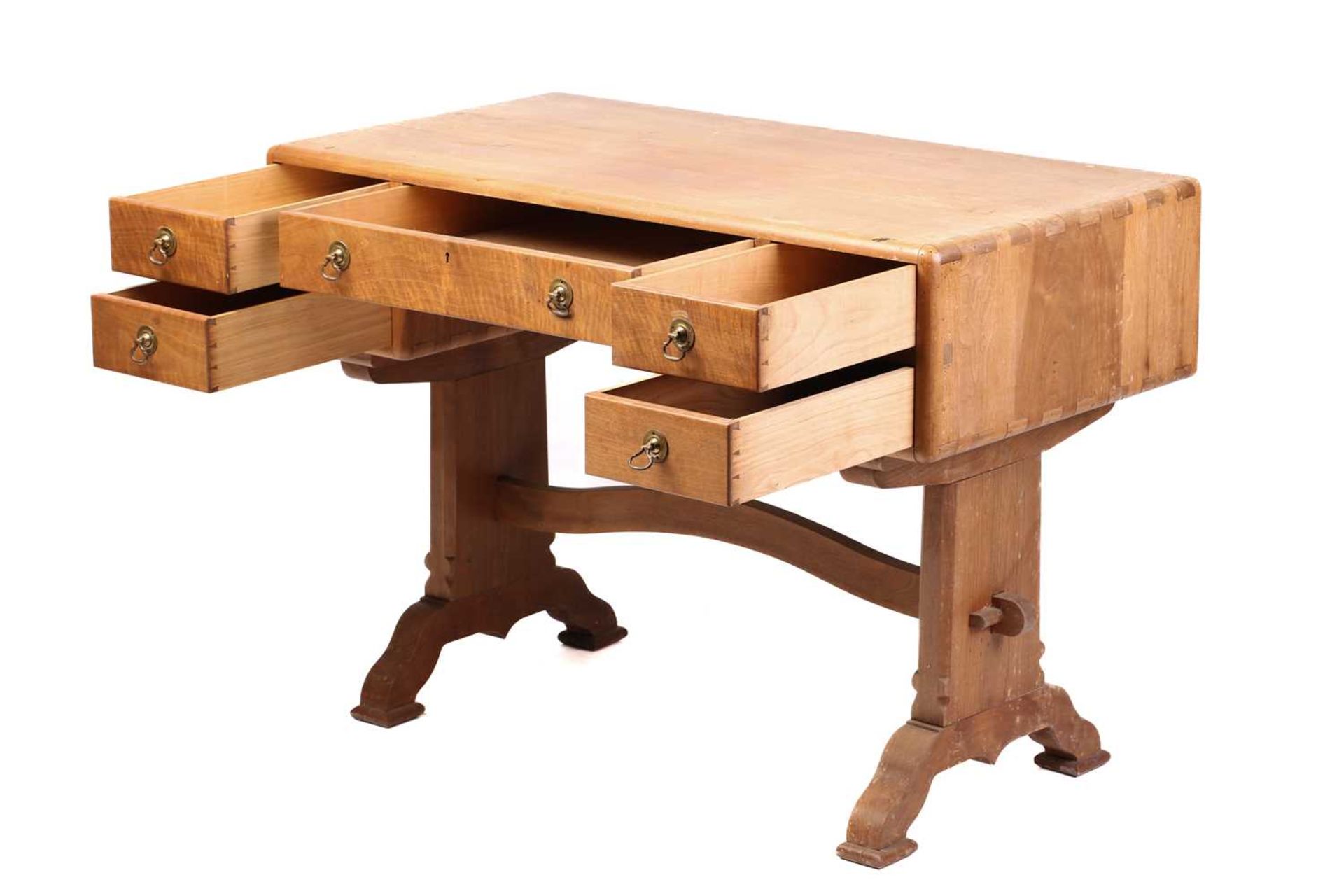 A walnut writing table, probably of the workshops of Arthur Romney Green, C.1925 the five drawers - Image 10 of 12
