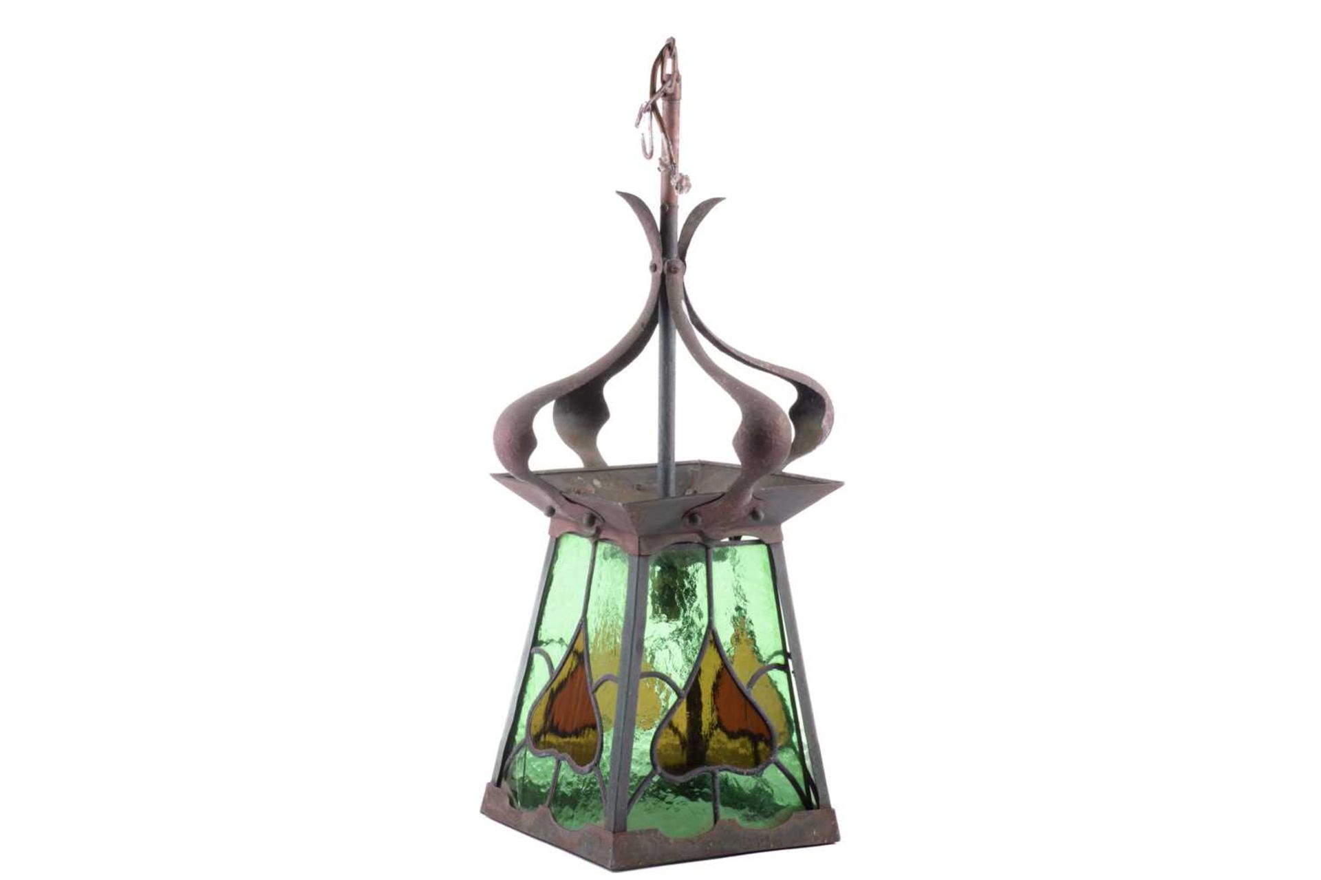 An Arts and Crafts brass and leaded glass ceiling lantern, with four shaped and studded upper - Image 7 of 8