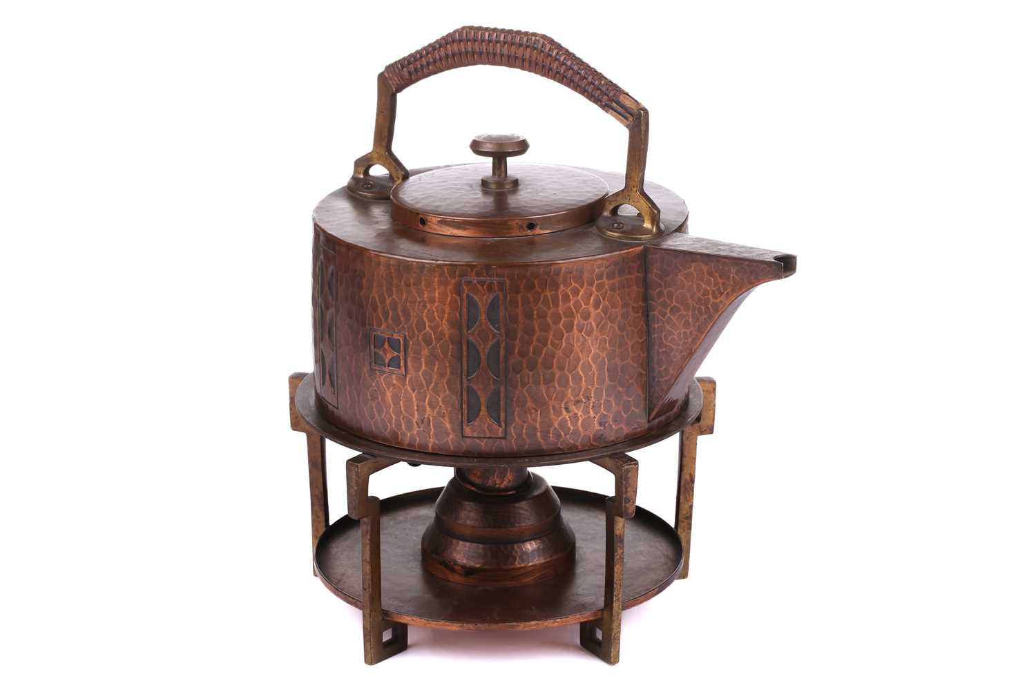 An early 20th century Arts & Crafts style WMF planished copper and brass spirit kettle, burner and - Image 3 of 12