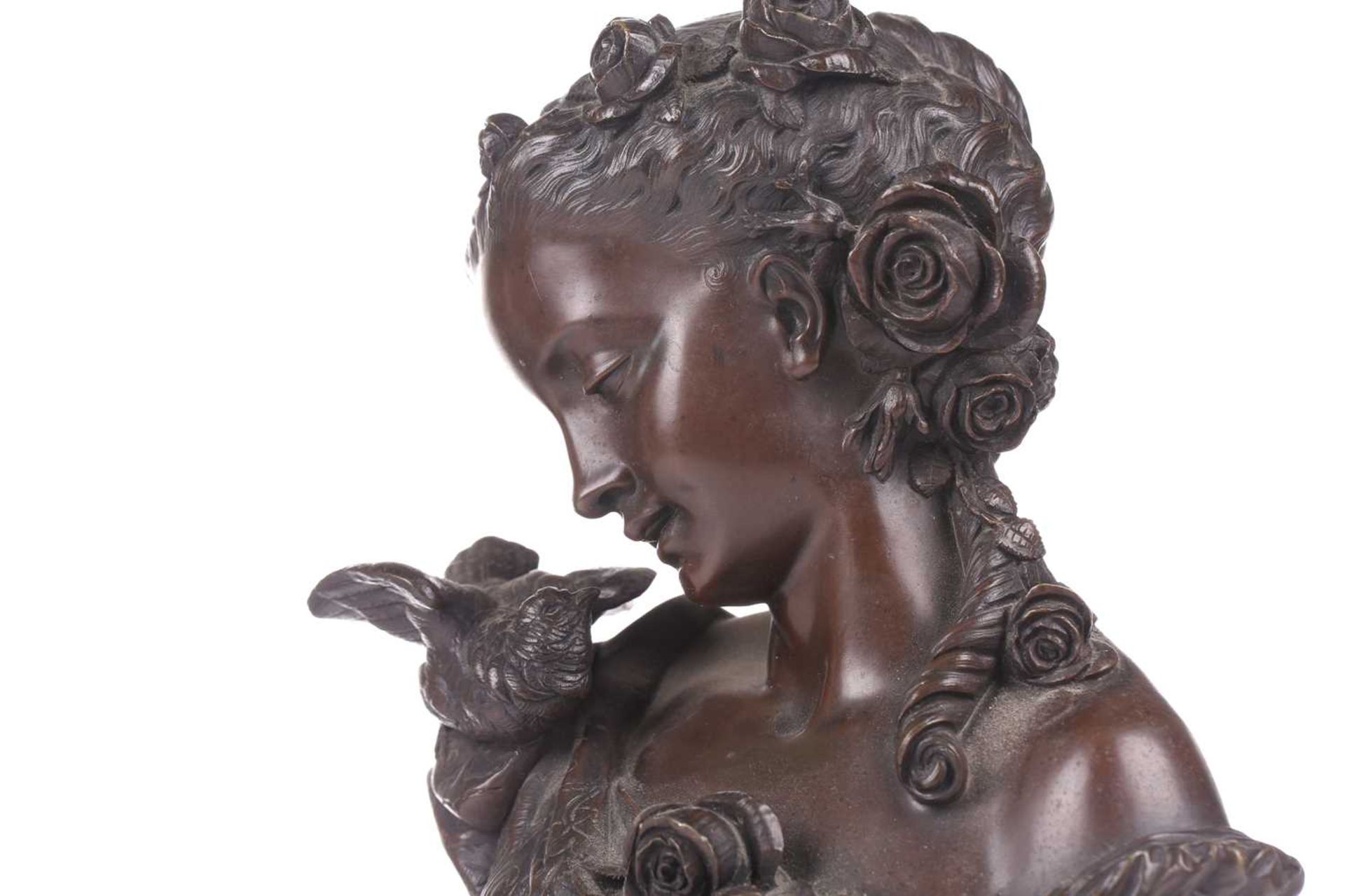 Auguste Joseph Peiffer (1832 - 1886), a bronze bust of a young female gazing at a bird alighted upon - Image 4 of 9