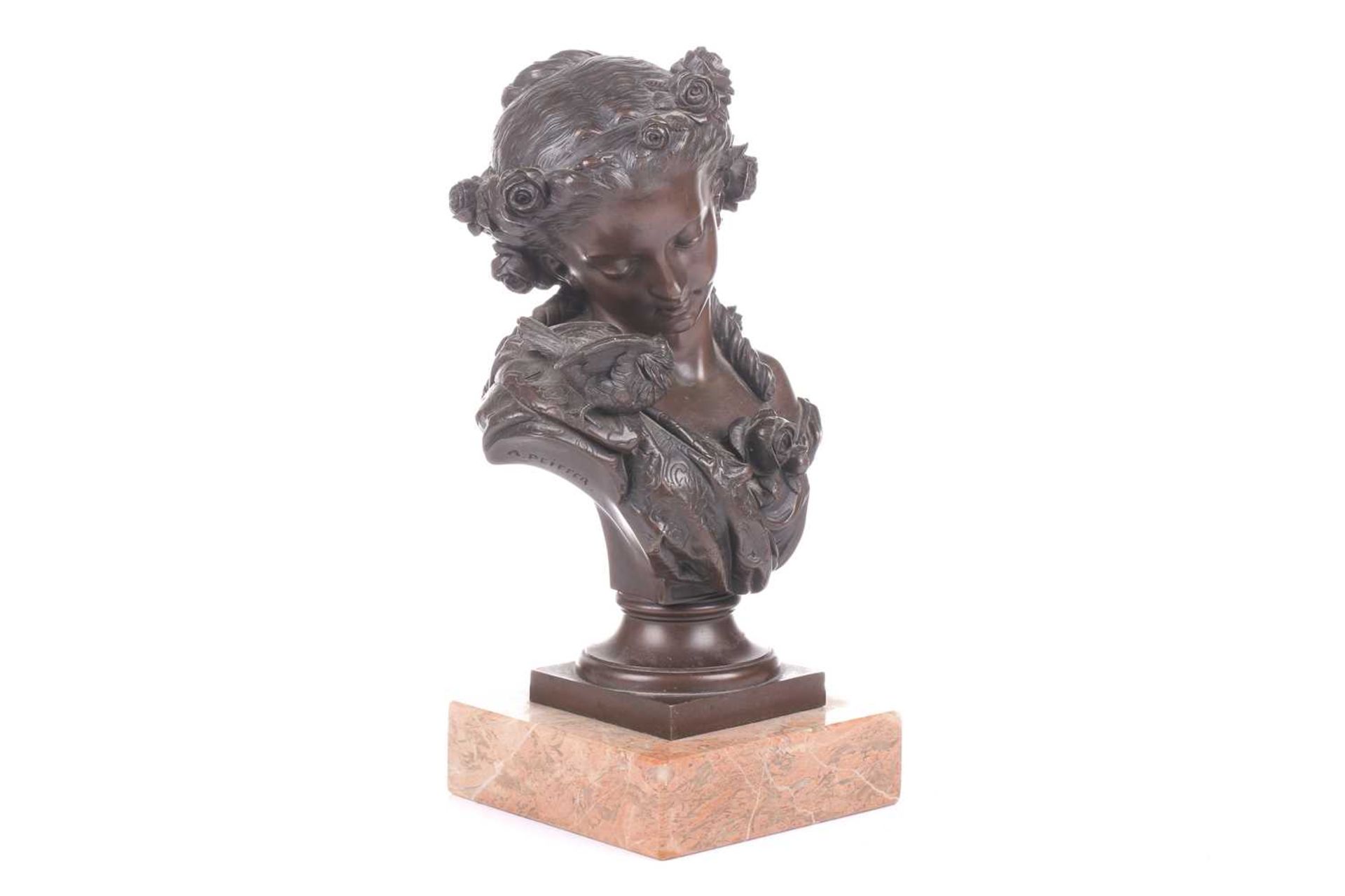 Auguste Joseph Peiffer (1832 - 1886), a bronze bust of a young female gazing at a bird alighted upon - Image 3 of 9