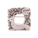 Georg Jensen; a 925 sterling silver square openwork brooch, featuring a resting deer and squirrel in