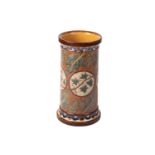 A large Fulham Pottery cylindrical stoneware stick stand with applied and sgraffito decoration