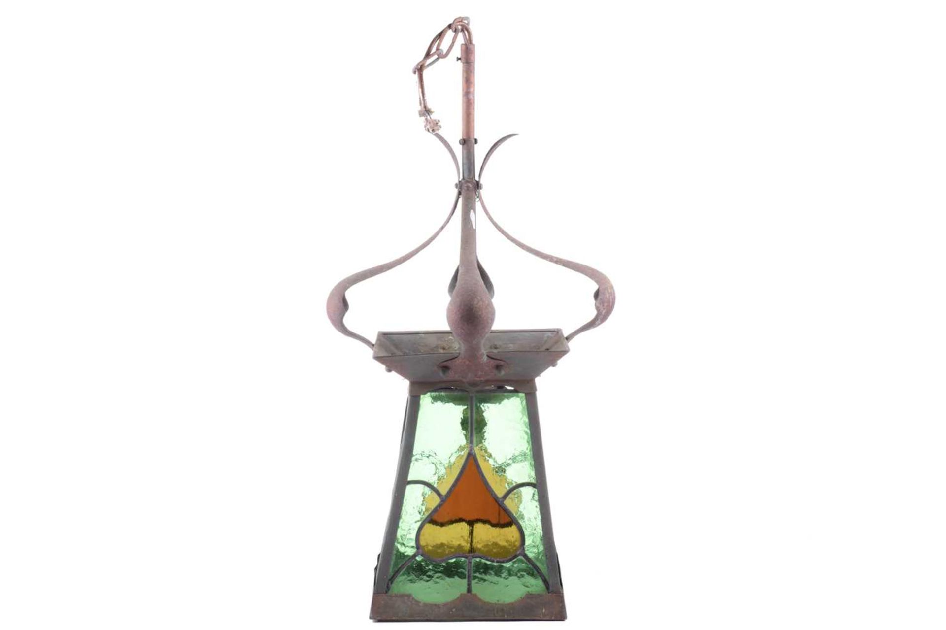 An Arts and Crafts brass and leaded glass ceiling lantern, with four shaped and studded upper - Image 3 of 8