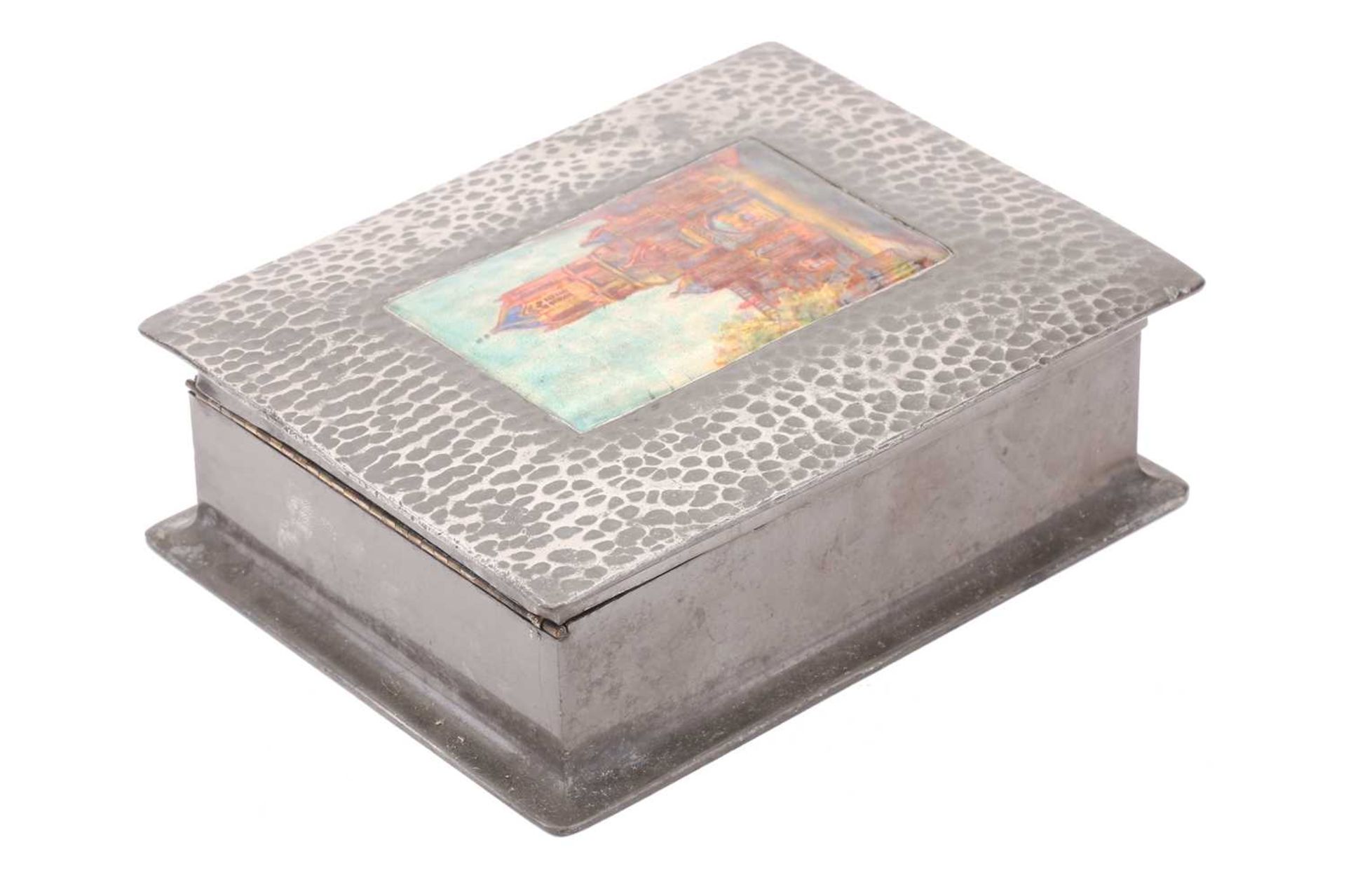 A Liberty & Co (?) model 083 hammered pewter and hard enamel table box, the hinged cover set with - Image 2 of 12