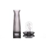 A contemporary Lalique frosted glass tapering slender cylindrical reeded vase, 20 cm high,