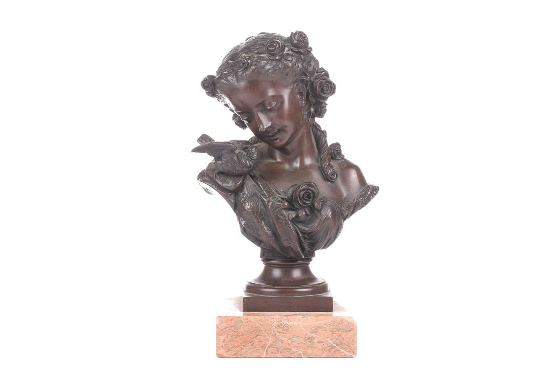 Auguste Joseph Peiffer (1832 - 1886), a bronze bust of a young female gazing at a bird alighted upon