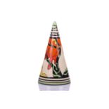 A 1930s Clarice Cliff conical sugar sifter, in the Honolulu pattern, handpainted with a stylised