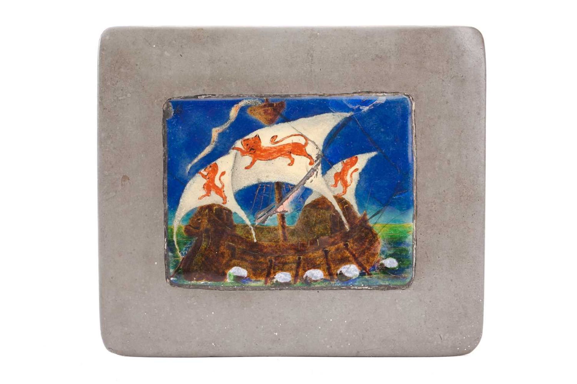 A Liberty & Co of London Tudric 0544 rectangular hammered pewter and hard enamelled cigarette box, - Image 5 of 10