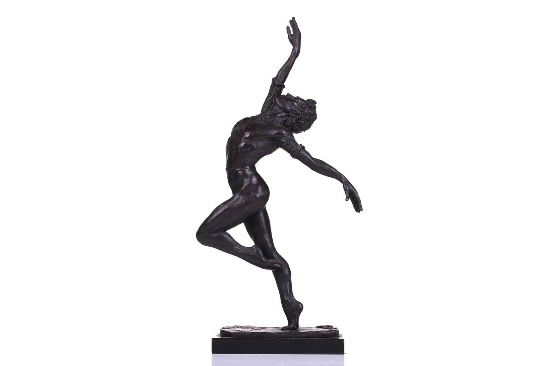 20th century school, a patinated bronze figure of a male ballet dancer, on a rectangular base,