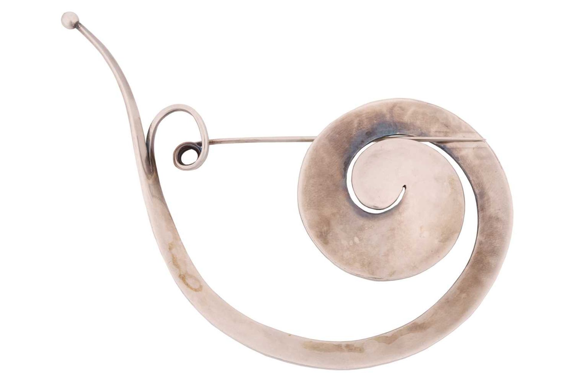 Vivianna Torun for Georg Jensen, a large spiral 925 sterling silver brooch design, no. 392, 8 cm