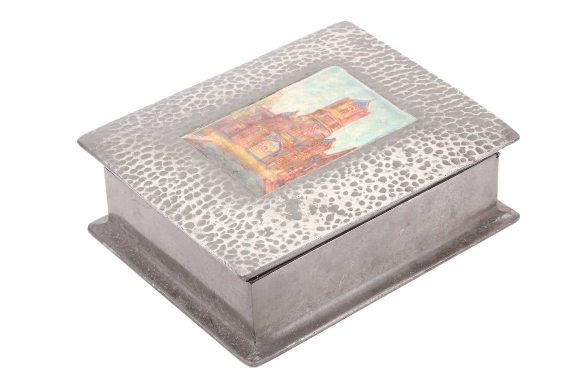 A Liberty & Co (?) model 083 hammered pewter and hard enamel table box, the hinged cover set with - Image 4 of 12