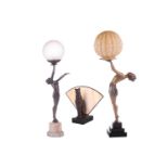 Three reproduction Art Deco table lamps, two modelled as semi-nude women, with globe shades, the