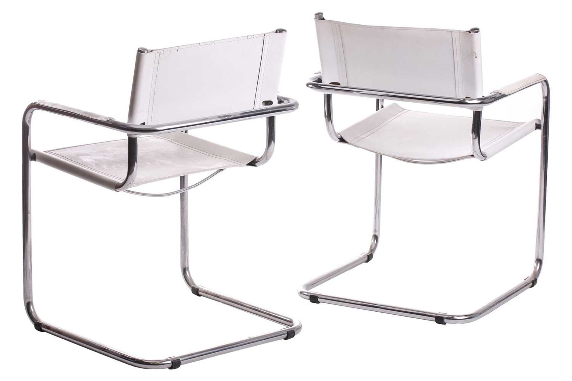A pair of mid-20th century chrome and white leather cantilever armchair after a design by Marcel - Image 4 of 11
