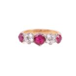 A five-stone synthetic ruby and diamond half-hoop ring in 18ct gold, containing three graduated
