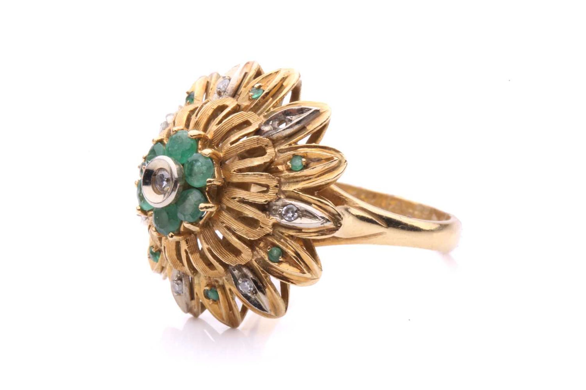 An emerald and diamond flowerhead dress ring, of bombé design, centred with a cluster of a single- - Image 4 of 5