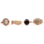 Three gem-set rings and a trinity ring; including a red paste solitaire ring in 9ct gold, size S;