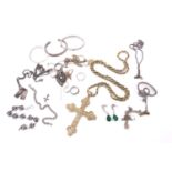 A mixed collection of jewellery, including a large cross on a chain, stamped 925, two white metal