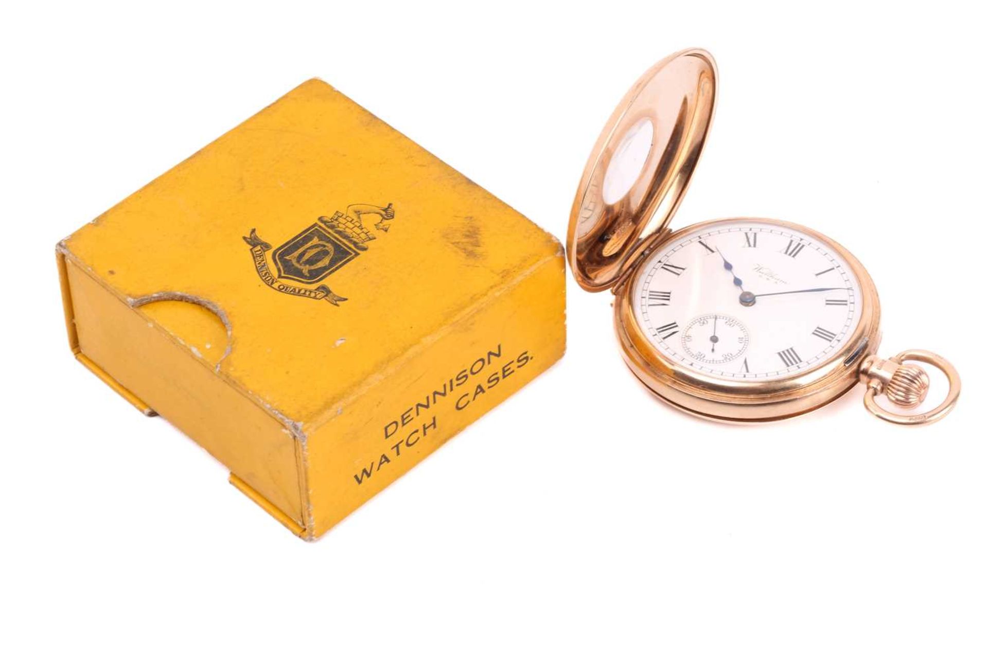A 9ct gold Waltham mass half hunter pocket watch with its original box, featuring a keyless wound - Image 2 of 11