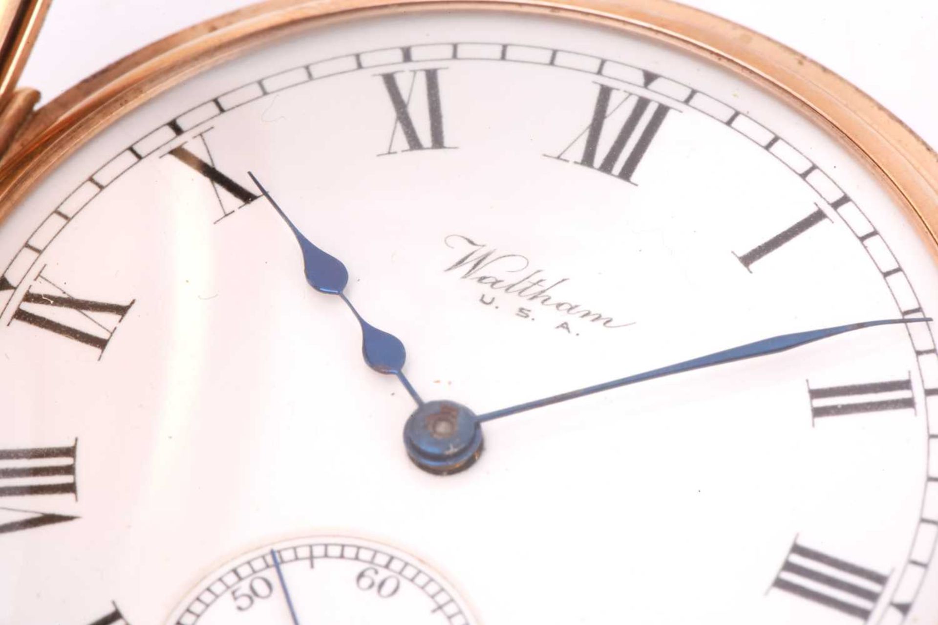 A 9ct gold Waltham mass half hunter pocket watch with its original box, featuring a keyless wound - Image 3 of 11