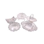 Five assorted silver bon bon dishes comprising two with swing handles (the oval example with