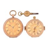 Two open-face fob pocket watches, the first features a key wound movement in a yellow metal case