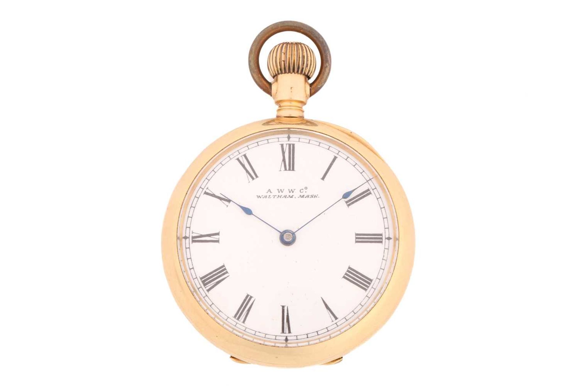 An 18ct gold Waltham mass open-face pocket watch with its original box, featuring a keyless wound