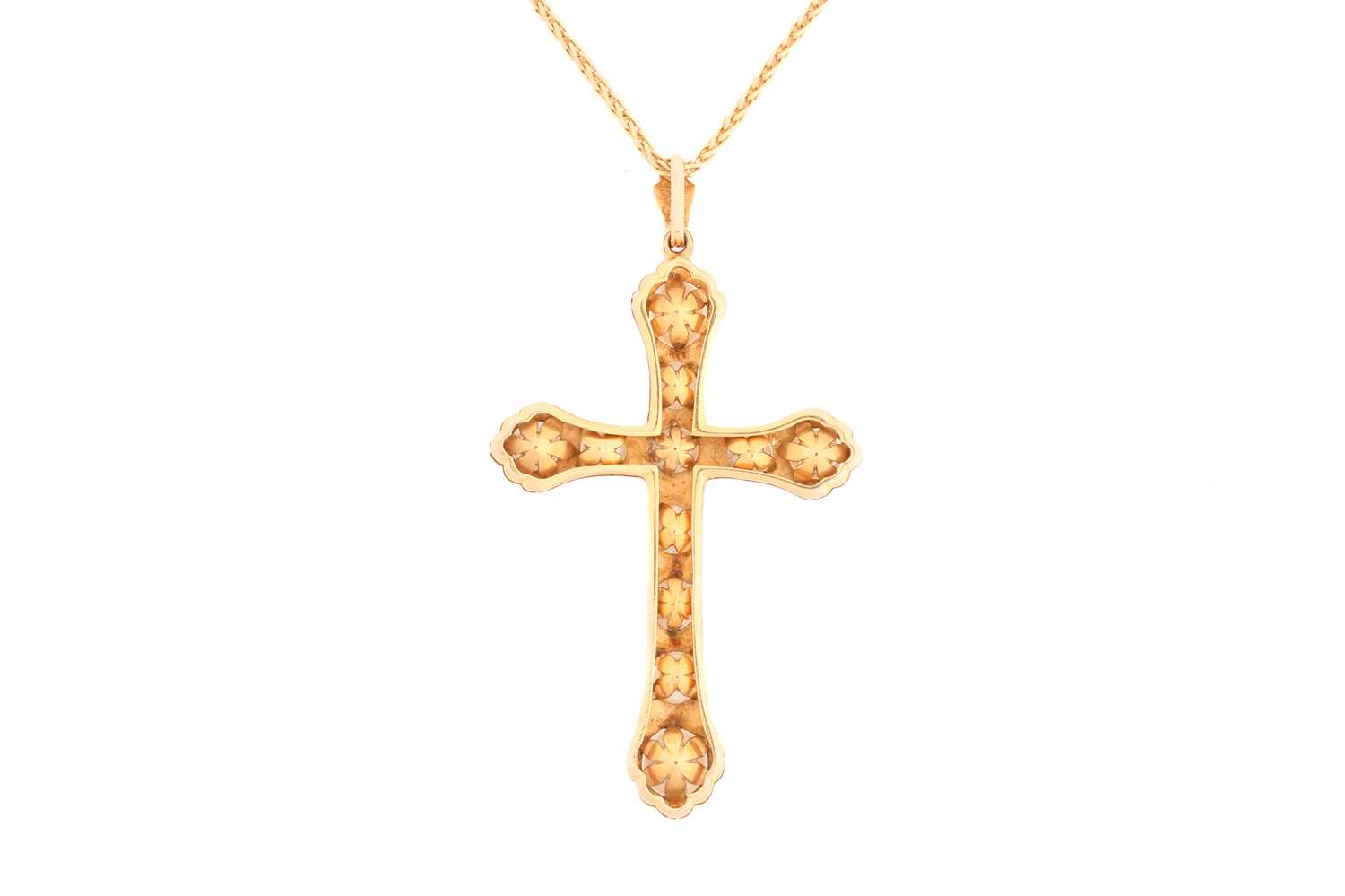A natural pearl and yellow metal cross pendant, set with eleven natural pearls, the largest pearl - Image 4 of 4