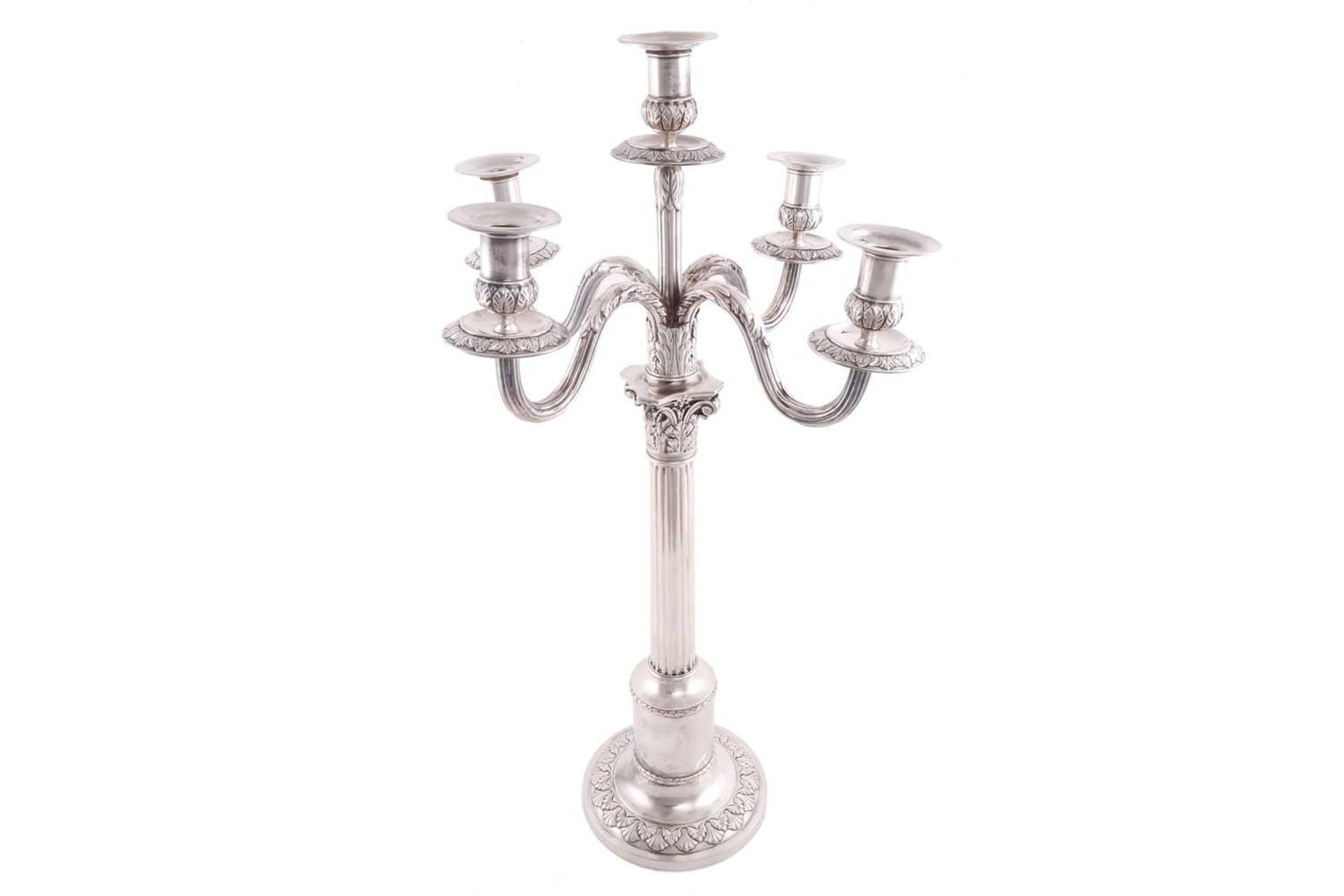 A pair of German 800 standard candelabra, of Corinthian column form with detachable five branch - Image 3 of 8