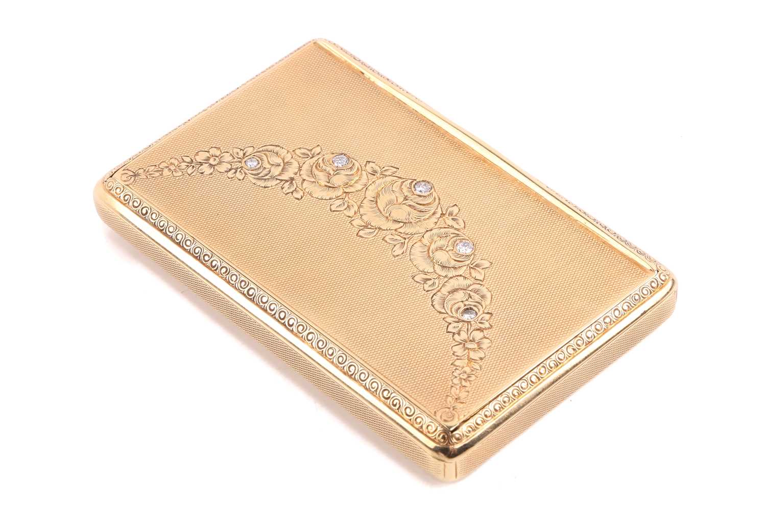 A floral snuffbox set with diamonds, of rectangular form with rounded corners, the cover, sides - Image 3 of 9