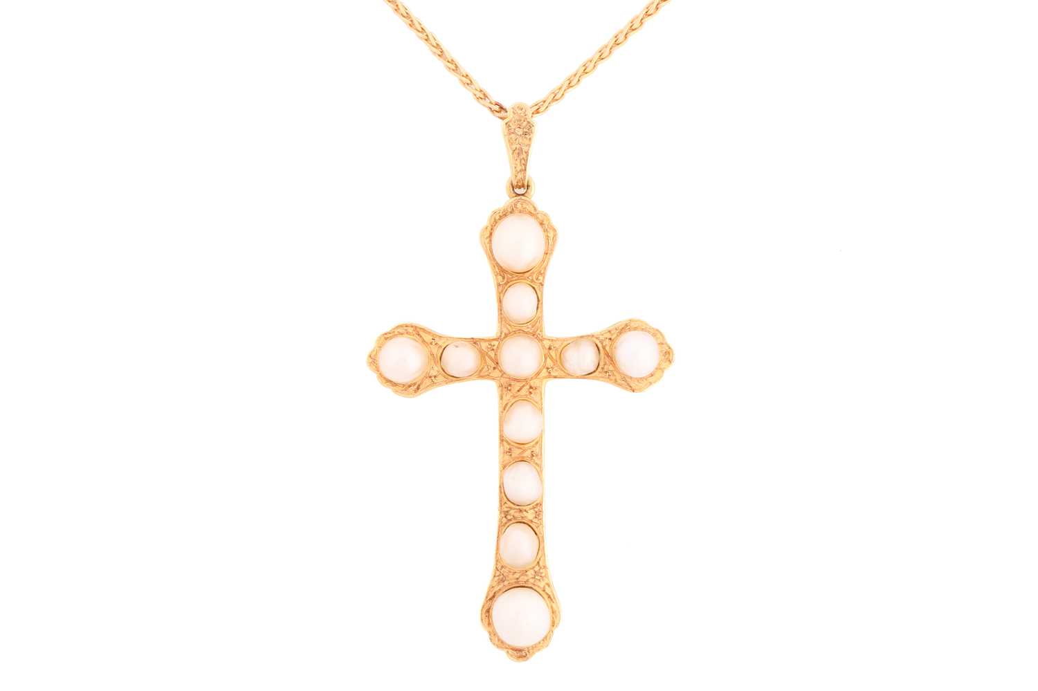 A natural pearl and yellow metal cross pendant, set with eleven natural pearls, the largest pearl - Image 3 of 4