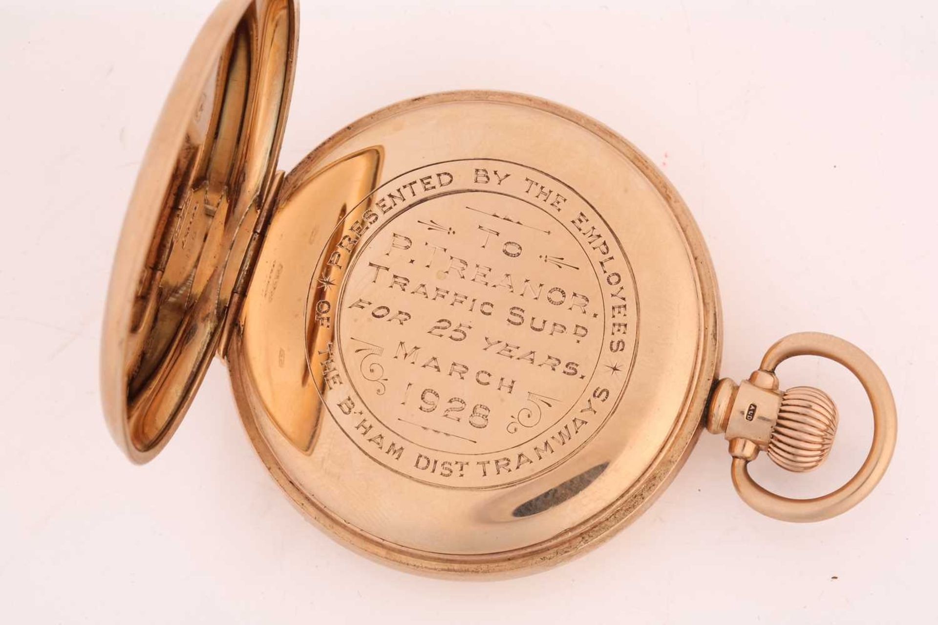 A 9ct gold Waltham mass half hunter pocket watch with its original box, featuring a keyless wound - Image 9 of 11