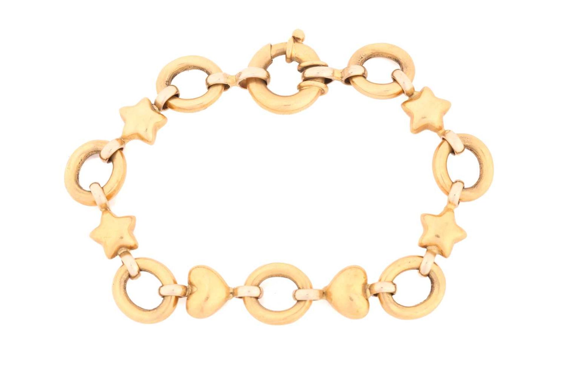 A fancy link bracelet, the oval links interspersed with stars and hearts, to a spring clasp, the