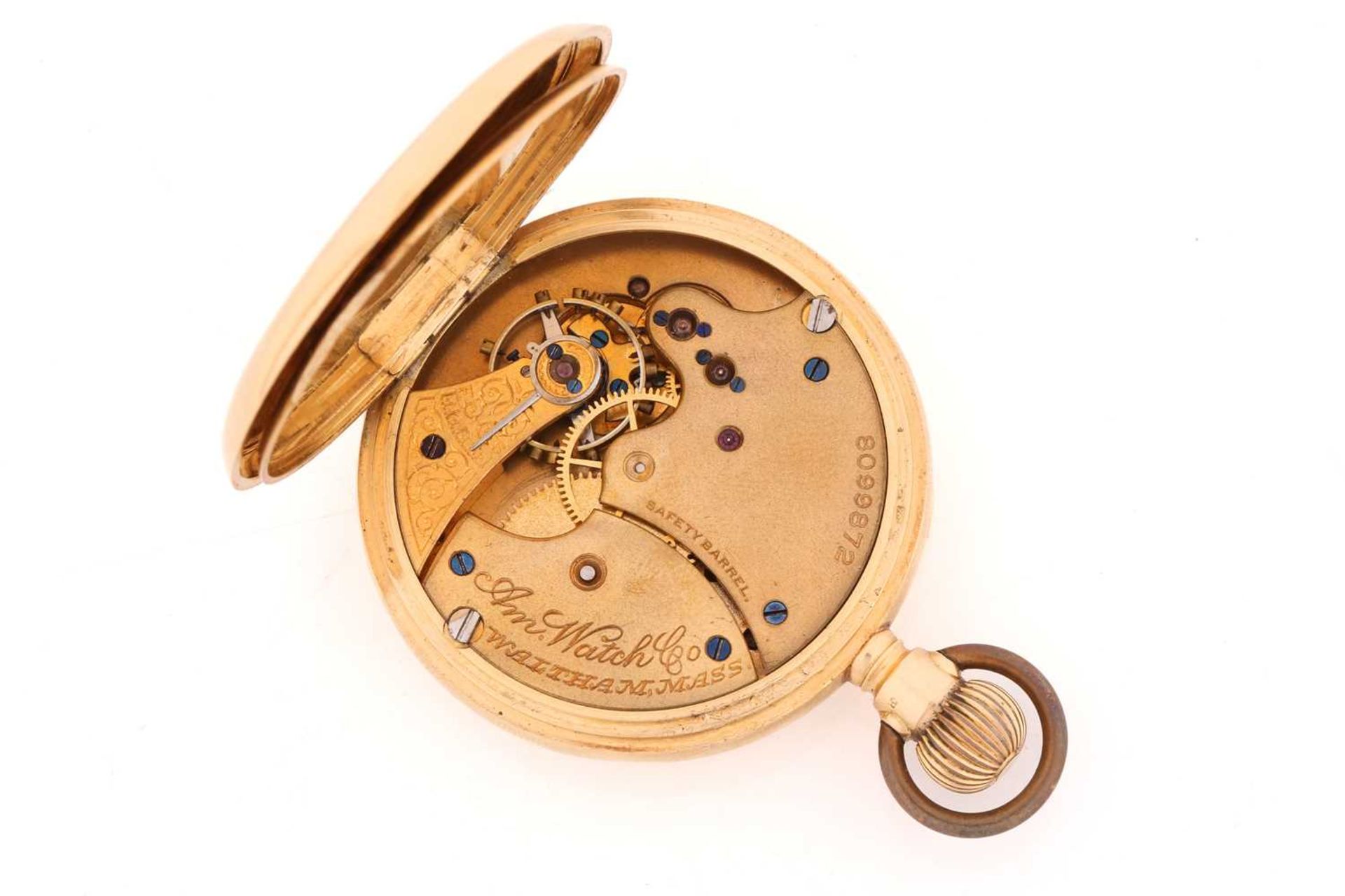 An 18ct gold Waltham mass open-face pocket watch with its original box, featuring a keyless wound - Image 6 of 8